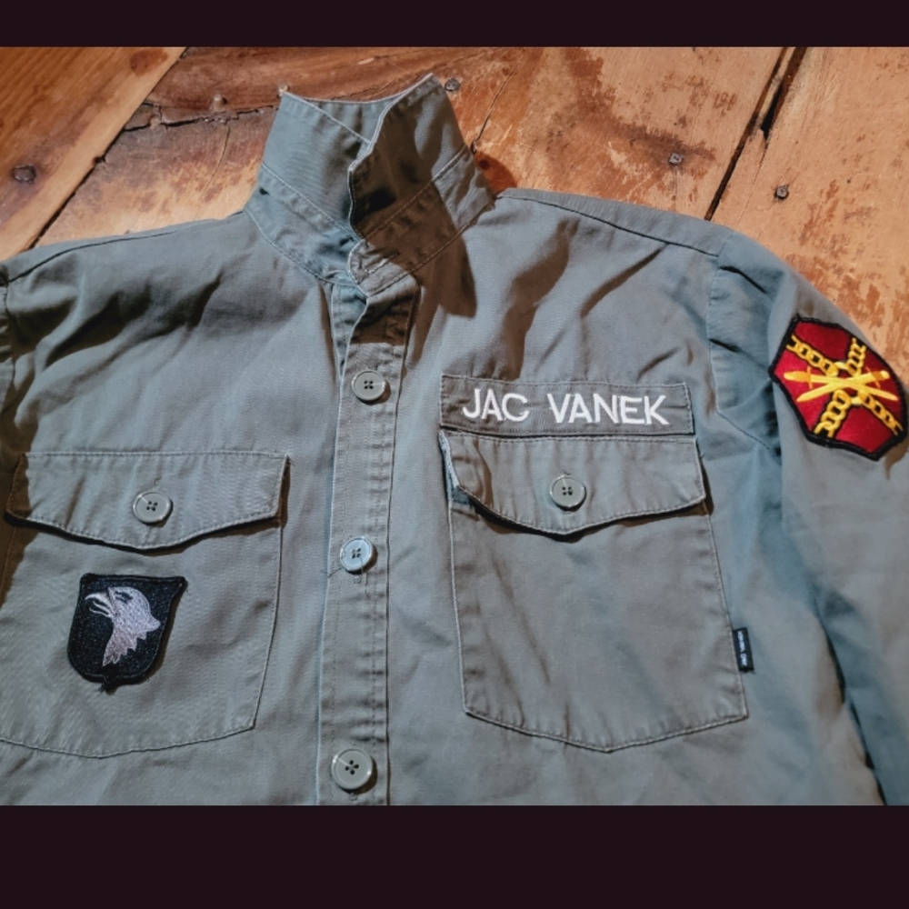 Jac Vanek Army Military Green Jacket Distressed Repurposed Ray Of Effin 🌞 - Picture 2 of 11